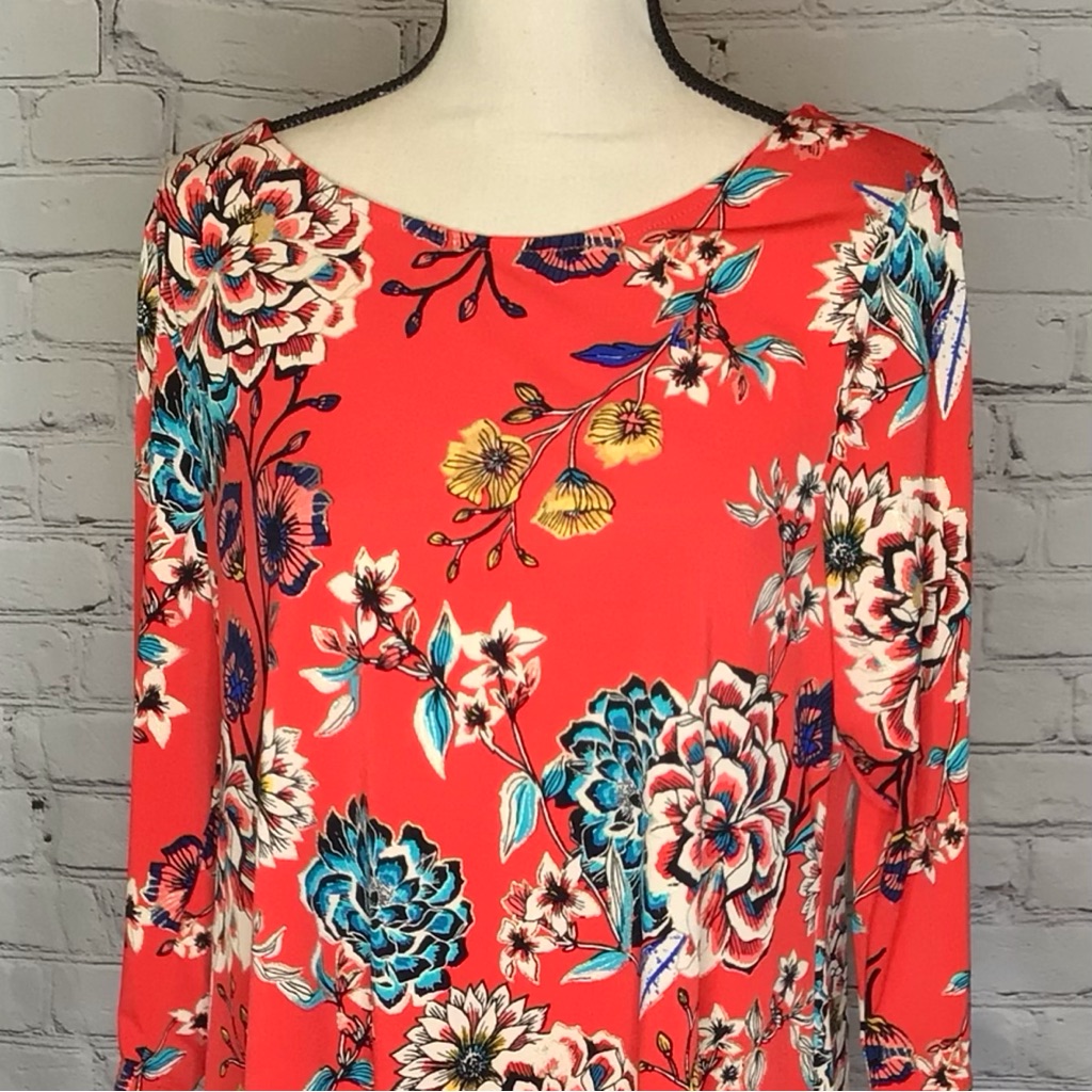Roz & Ali Red Floral Print Jersey Knit Trapeze Dress Large Nwt — image 2 of 8